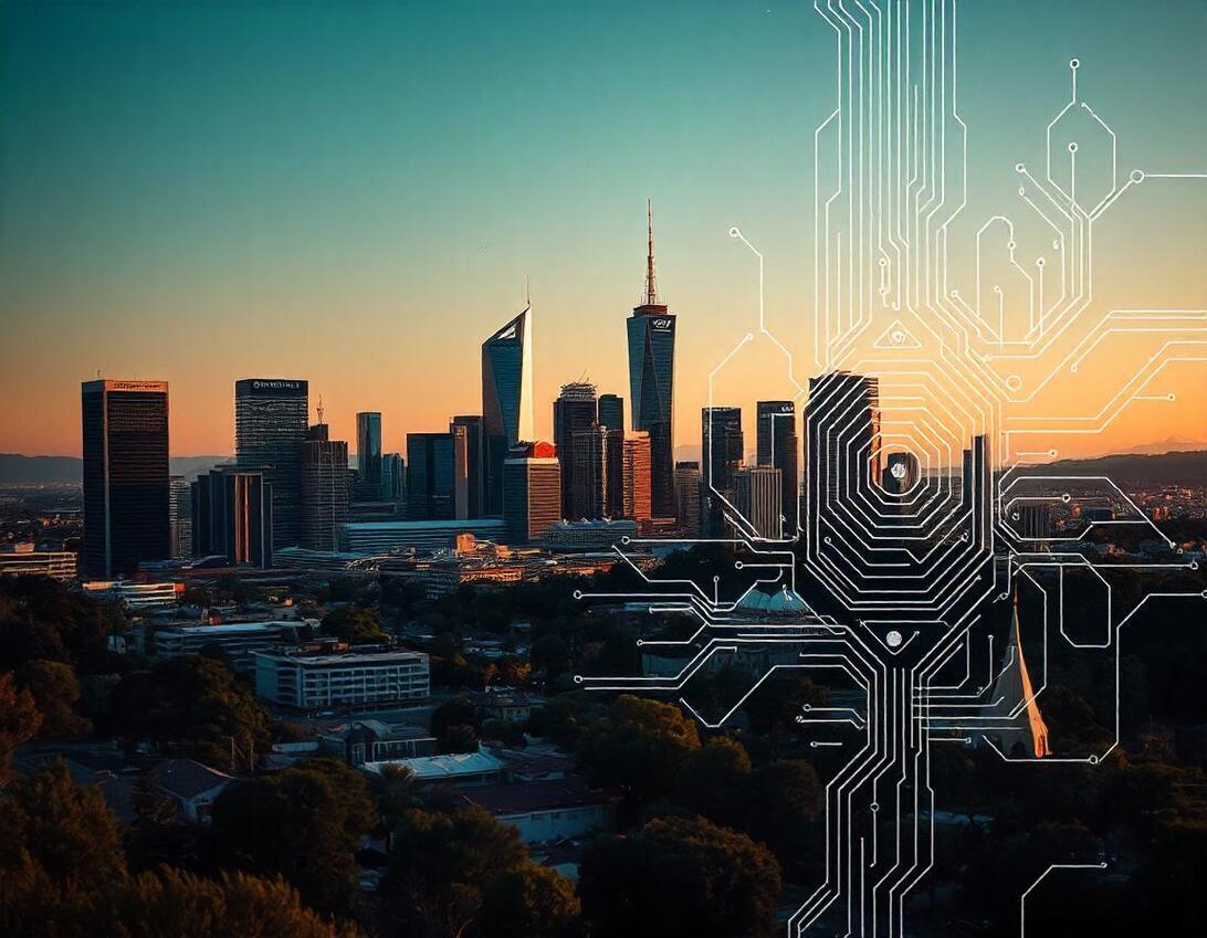 Bild der Skyline von Perth in Kombination mit technischen Symbolen
